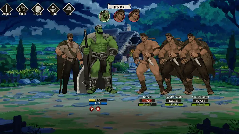 Turn-based combat screen showing the player’s party facing multiple bandit enemies at night, with health bars, attack options, and character portraits visible.