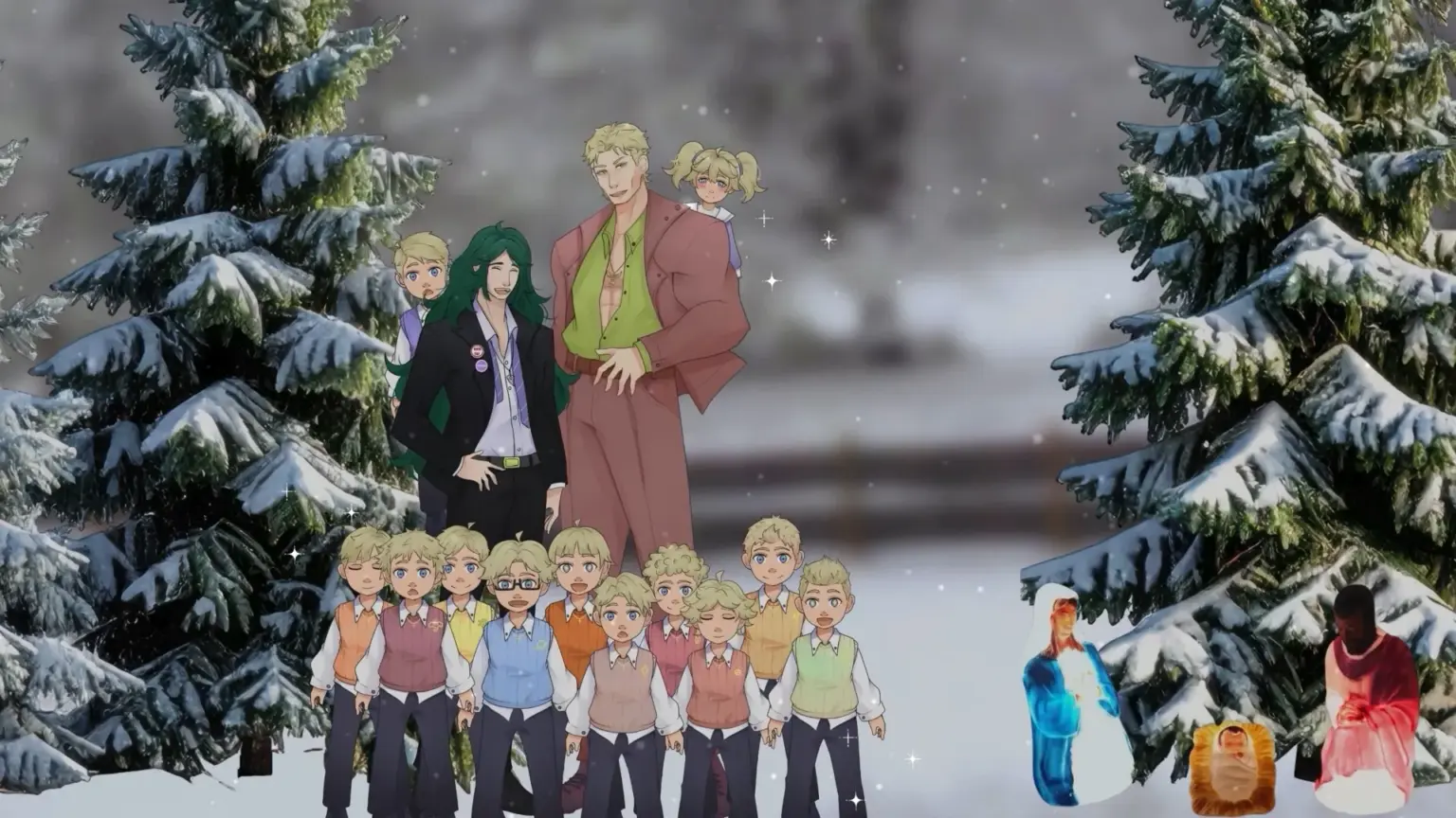An animated winter scene framed by snow-covered pine trees shows a group of characters standing together in the snow. Two adults stand at the center with several children gathered around them, while more children appear in front. Soft snowfall fills the scene, and small nativity-style figures glow on the right side in the background. Characters depicted are Wagner, Damien and their twelve children.