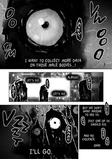Black-and-white manga page showing a giant alien eye glowing in the darkness, surrounded by sound effects like “Wooo” and “Vmmm.” The alien says, “I want to collect more data on those male bodies.” Below, shadowy alien figures stand in a line. One steps forward, saying, “I’ll go.” Other aliens comment, “Let’s do it… but we don’t want anyone to see us. Make sure to be careful and use no violence.”
