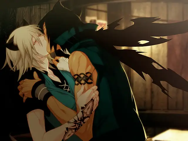 Intimate scene from Lamento -BEYOND THE VOID- featuring Konoe being passionately embraced and kissed by Rai. Konoe appears surprised, his eyes wide, while Rai leans in with intensity. Shadow-like tendrils extend from Rai’s cloak, adding a supernatural atmosphere. The background is dimly lit, emphasizing the emotional weight of the moment.
