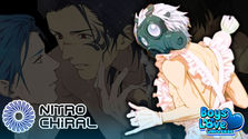 Promotional image for Boys Love Universe featuring Nitro Chiral games. The graphic includes characters from DRAMAtical Murder, with Clear in a frilly apron and gas mask in the foreground, and Koujaku and Aoba in an intimate moment in the background. The Nitro Chiral and Boys Love Universe logos are prominently displayed in the corners.