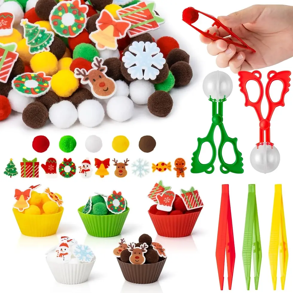 Colorful pom-poms and festive cutouts with holiday themes. Tools for crafting shown. Bright cupcake liners and cheerful designs.