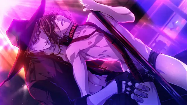 This image from Omega Vampire showcases a provocative and visually intense scene. A shirtless male character, adorned with a collar, is held closely by another figure wearing a wide-brimmed hat, evoking a sense of dominance and seduction. The vibrant purple and pink lighting enhances the sensual and mysterious atmosphere, highlighting the bold and edgy themes of the game. The characters' poses and expressions convey tension, passion, and the complex relationships central to the story.