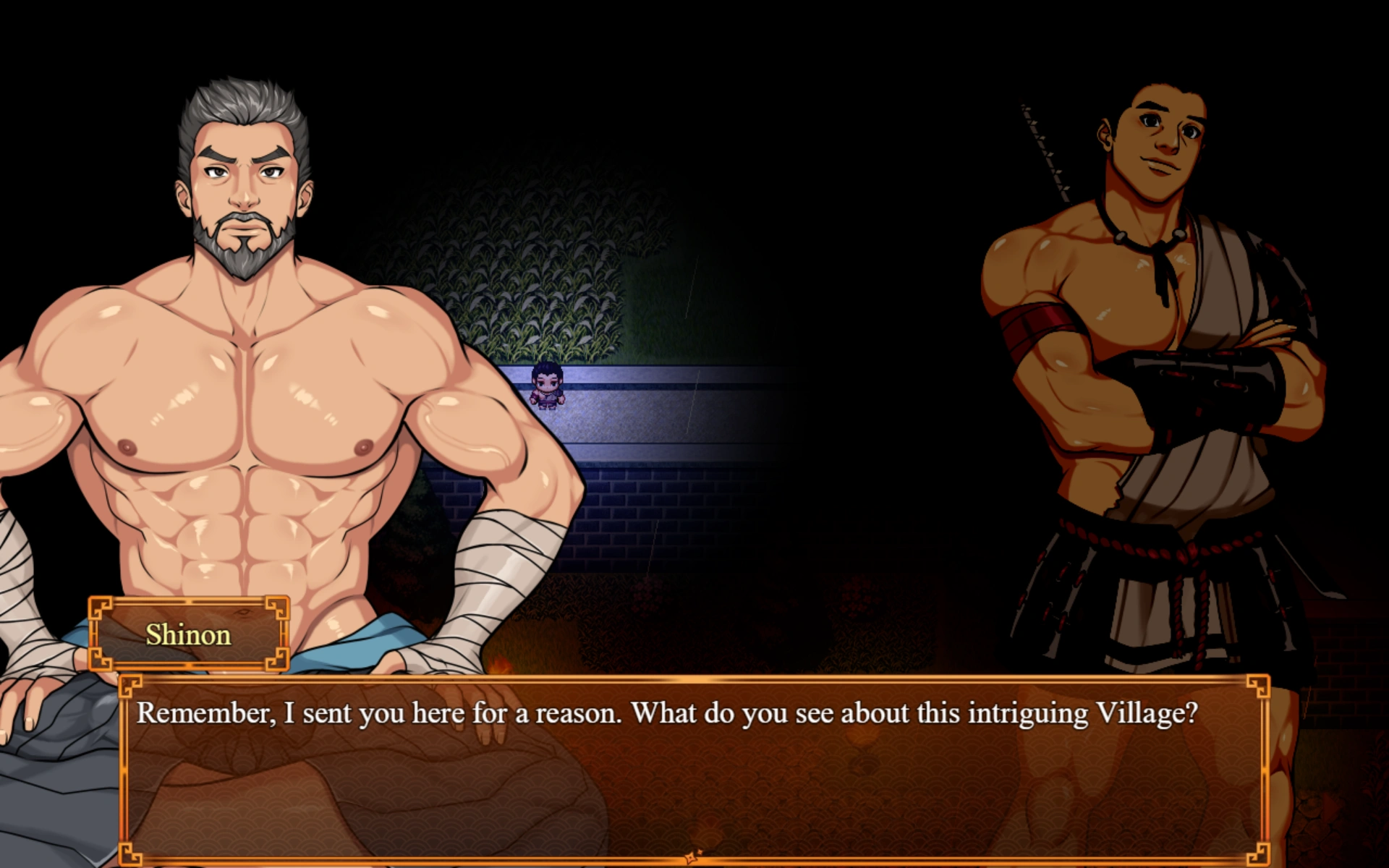 A dialogue scene from a bara RPG game featuring two muscular male characters. On the left, a bearded man named Shinon stands shirtless with his arms crossed, speaking seriously. On the right, a younger man with short dark hair and a sword strapped to his back listens attentively. The background shows a nighttime village path lit by a spotlight.