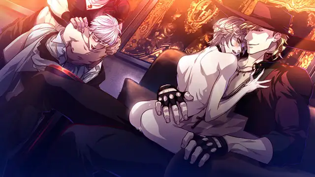 This scene from Omega Vampire portrays a provocative and emotionally charged moment, showcasing the game’s intense and complex relationships. Two male characters are depicted in intimate positions, with one sitting on the lap of another, highlighting themes of dominance and submission. The warm, golden background lighting contrasts with the darker tones of their clothing, adding depth and drama to the scene. The secondary pair in the background mirrors a similar dynamic, emphasizing the layered and chaotic interpersonal connections central to the story.