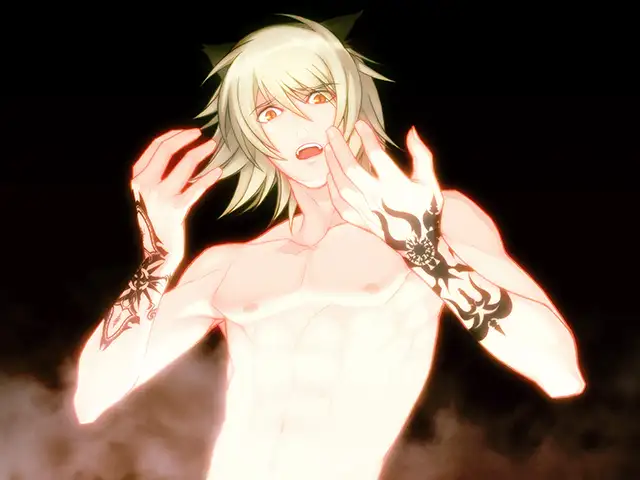Konoe from Lamento -BEYOND THE VOID- stands shirtless, bathed in a glowing light with a distressed expression. His cat ears are visible, and dark curse-like markings stretch across his arms, emphasizing the supernatural transformation overtaking his body. The background is dark and ominous, highlighting the intensity of the moment.