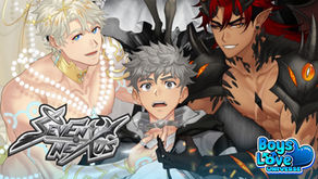 Close-up of the main characters from Seven Nexus, featuring Grey in the center with a surprised expression, flanked by a smiling angel in pearls on the left and a smirking demon with horns and glowing armor on the right. Boys Love Universe logo in the corner.