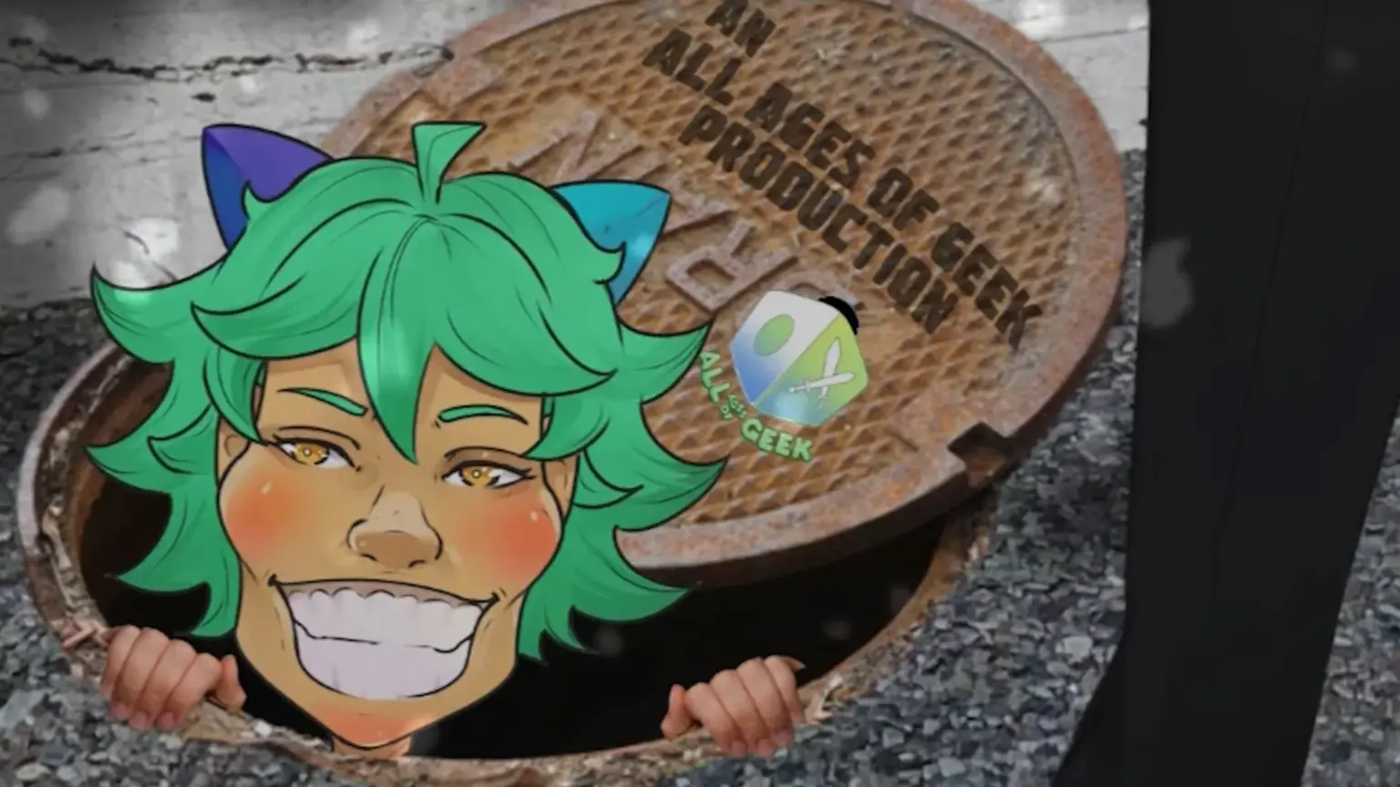Illustrated character with bright green hair and cat-like ears grinning while popping out of an open manhole labeled “All Ages of Geek Production,” adding a playful visual moment tied to the Yuletide Brawl Royale setting. Character depicted is All Ages of Geek's mascot Kasai.