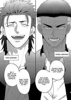 A split panel from Reversibattle: Fuck and Be Fucked by Mappadaka Goutarou, showcasing Issa Aoshima and Kaoru Hagayama in a heated exchange. Issa smirks with playful confidence, while Kaoru glares with a serious, annoyed expression, emphasizing their fiery dynamic and constant clashing personalities.