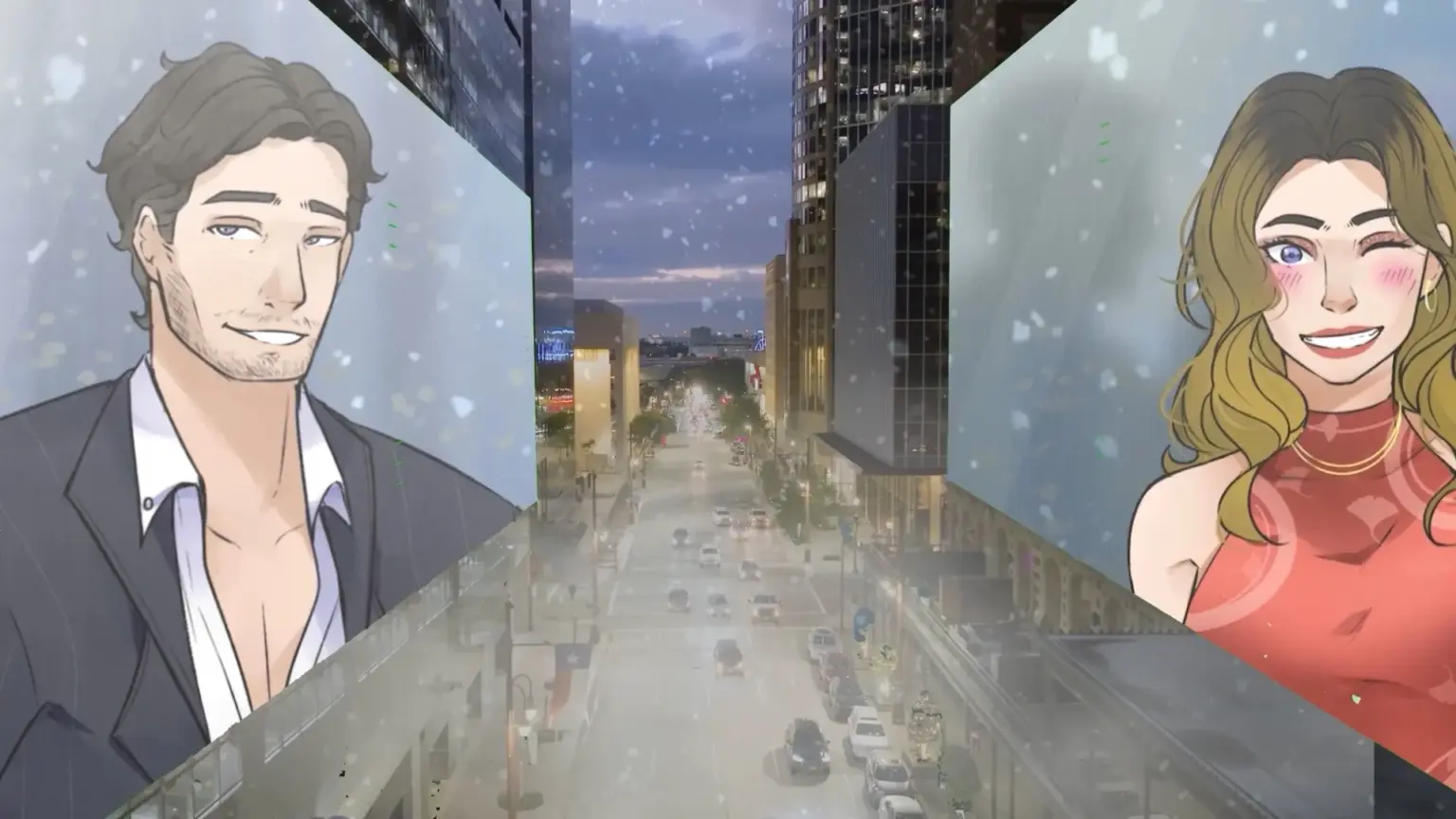 Split-screen illustration showing two animated hosts facing each other over a snowy city street at night, with tall buildings, falling snow, and a broadcast-style presentation. Characters depicted are Gary and Kenzy.