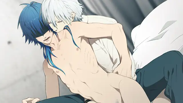 Sensual scene from DRAMAtical Murder re:connect showing Clear embracing Aoba from behind in an intimate bedroom setting. Aoba is mostly nude and appears flushed, his eyes covered by a blindfold, while Clear, fully clothed, presses close with a gentle yet possessive hold. The soft lighting and bed backdrop heighten the erotic tension of the moment.