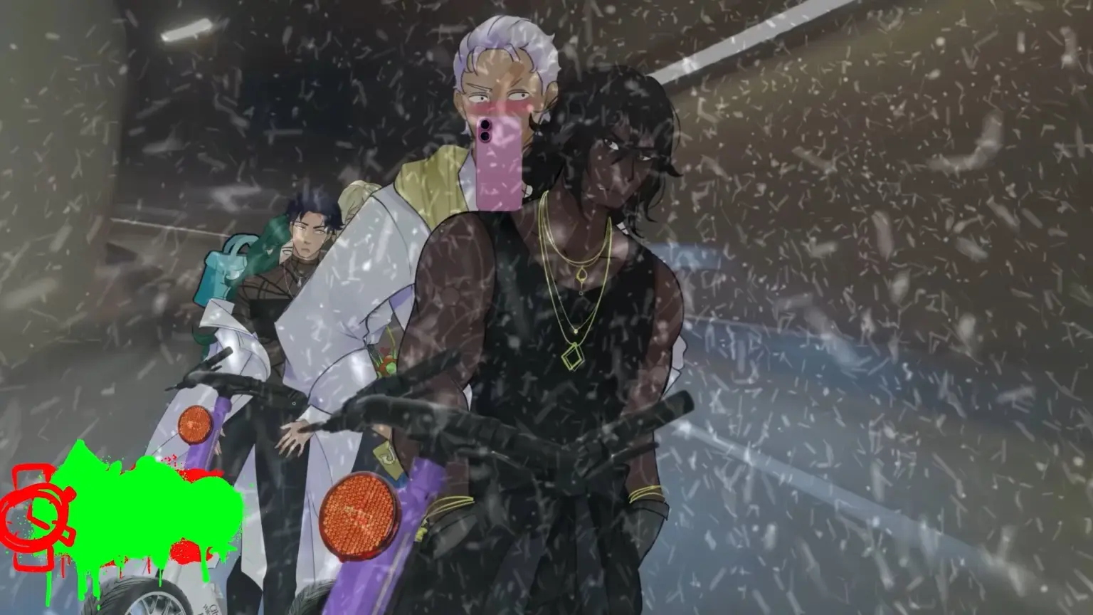 A stylized illustration of three characters riding scooters through a snowy, dimly lit tunnel. In the foreground, a tall, muscular person with dark skin, long black hair, and layered gold necklaces rides confidently. Behind them, a light-skinned character with short white hair looks startled while holding up a pink phone, and a third rider follows further back. Snow swirls heavily around them, with scooter headlights glowing and motion suggesting speed and cold winter conditions. Characters depicted are Clyde, Reginald and Nate.