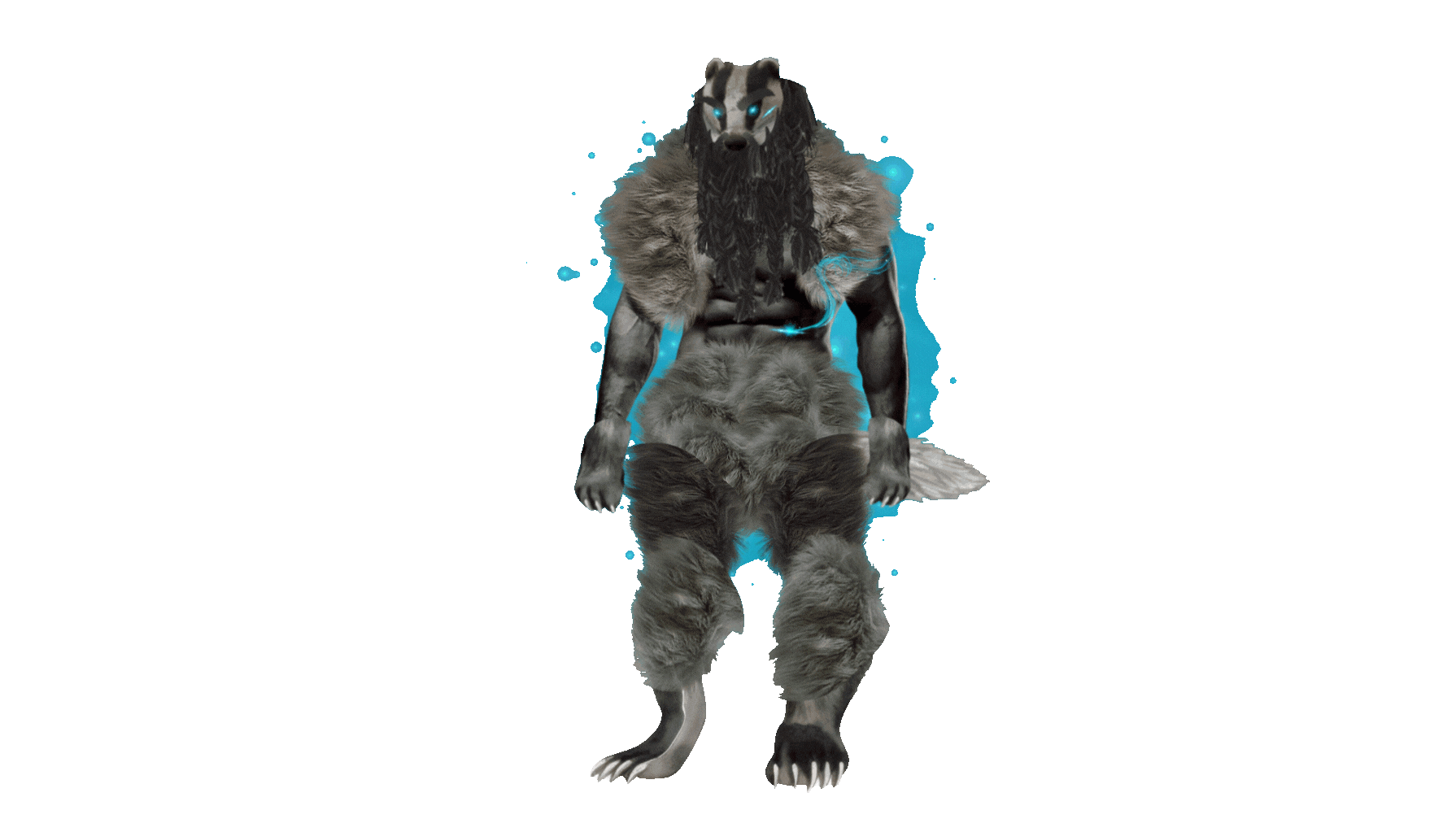 Character artwork from Boardwalk Dad Detox featuring a tall, muscular anthropomorphic badger with glowing blue eyes. The creature has a fur-covered body, clawed hands and feet, and a mane-like beard. Blue glowing accents surround the figure, emphasizing its otherworldly presence. The design combines bara-style physique with furry aesthetics, highlighting the film’s adult, surreal, and queer-friendly tone.