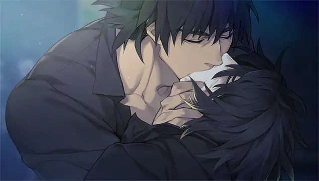 Emotional kiss scene from Slow Damage showing Madarame gently holding Towa's face and kissing him on the forehead. The lighting is soft and intimate, highlighting the rare tenderness in their otherwise intense and complex relationship. Towa leans into the gesture with closed eyes, suggesting vulnerability and trust.