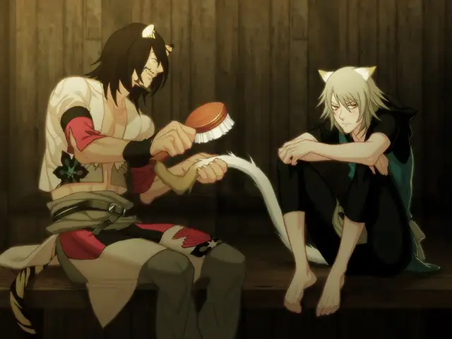 Scene from Lamento -BEYOND THE VOID- showing Rai brushing Konoe’s tail inside a wooden room. Rai wears tribal-style clothing with visible arm wraps and tiger-striped tail, while Konoe sits barefoot with his arms resting on his knees, watching quietly. Both characters have cat ears, highlighting their fantasy setting and close bond.