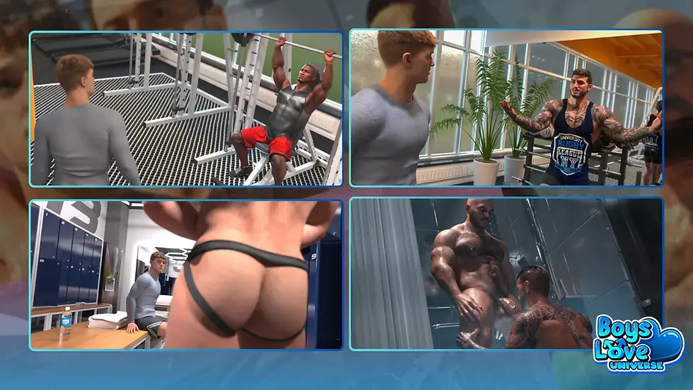 Promotional collage for Heatwave: Sam's Stay featuring four scenes from the visual novel. The top images show Sam meeting different men at a gym, including a heavily tattooed athlete and a muscular weightlifter. The bottom-left image shows a locker room scene with Sam watching another gym-goer, while the bottom-right image features a steamy shower scene highlighting the game's adult romance elements. The collage is framed with blue borders over a blurred background from the game, with the Boys Love Universe logo displayed in the lower-right corner.