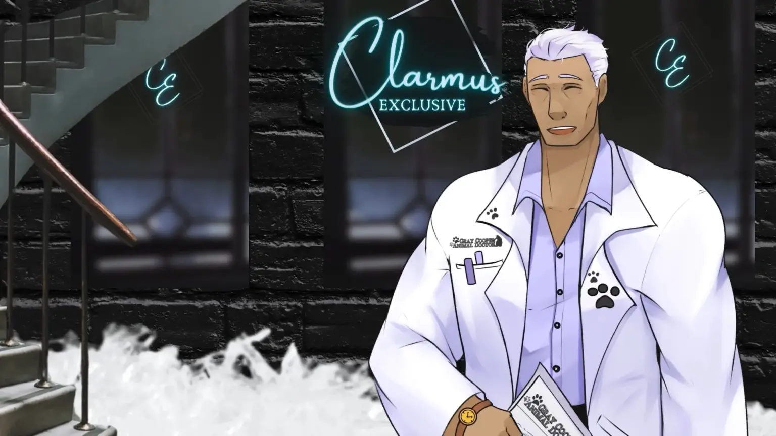 An illustrated scene of a tall, silver-haired man wearing a white lab coat with paw-print details and a light purple shirt underneath. He smiles calmly while standing outside a dark brick building with glowing neon signs that read “Clarmus Exclusive” and “CE.” Snow is piled along the ground, and a metal staircase rises on the left, giving the scene a sleek, upscale winter atmosphere. Character depicted is Gray.