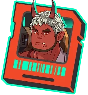 Square game icon showing a muscular Oni character with red skin, short silver hair, and small horns, looking serious inside an orange and teal interface card from XXL Woofia.