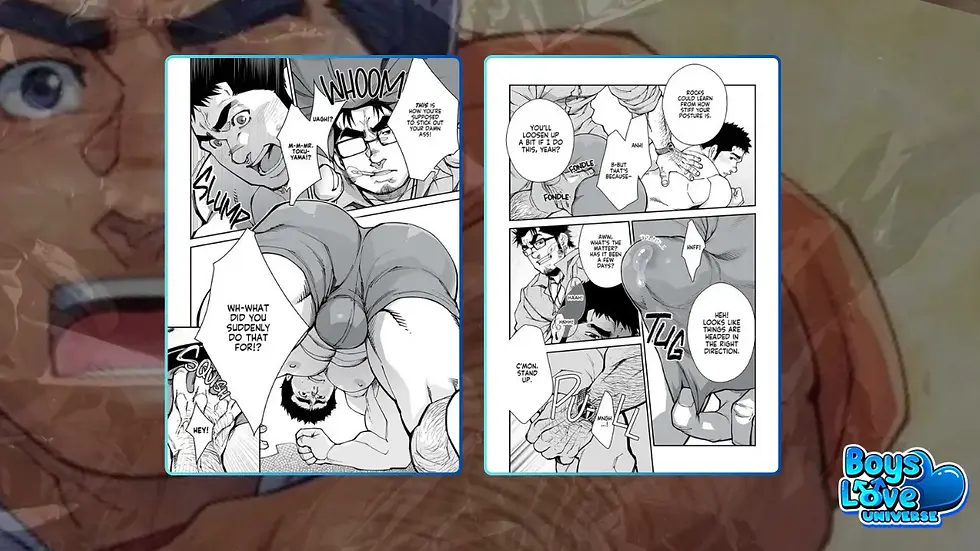 Manga panels from the bara workplace romance manga “Who’s Got Dibs on the New Guy?” showing Kou Ohya during a tense photo shoot with photographer Atsushi Tokuyama. The black-and-white pages feature muscular adult men, close physical posing, and exaggerated comedic reactions in a studio setting, with Boys Love Universe branding in the corner.