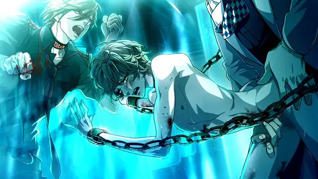  The image captures a tense and dramatic scene from Omega Vampire. A central figure is bound in heavy chains, battered and seemingly in distress, emphasizing the game’s dark and intense narrative. In the background, another character appears enraged, adding a layer of emotional intensity and conflict. The setting is illuminated with eerie blue lighting, reinforcing the supernatural and gritty atmosphere central to Omega Vampire’s story.