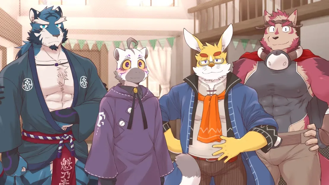 Furry bara visual novel screenshot featuring four anthropomorphic characters standing in a warmly lit room, each wearing distinct outfits including robes and capes, showcasing different personalities and expressions.