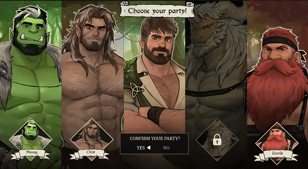 Party selection screen from a bara fantasy RPG showing multiple muscular male characters lined up side by side under the prompt “Choose your party.” The characters include a green-skinned orc, a rugged human warrior, a bearded druid-like man selected in the center, a locked wolf-like beastman silhouette, and a stocky red-bearded dwarf. Character portraits, names, and a confirmation box reading “Confirm your party? Yes / No” are visible.