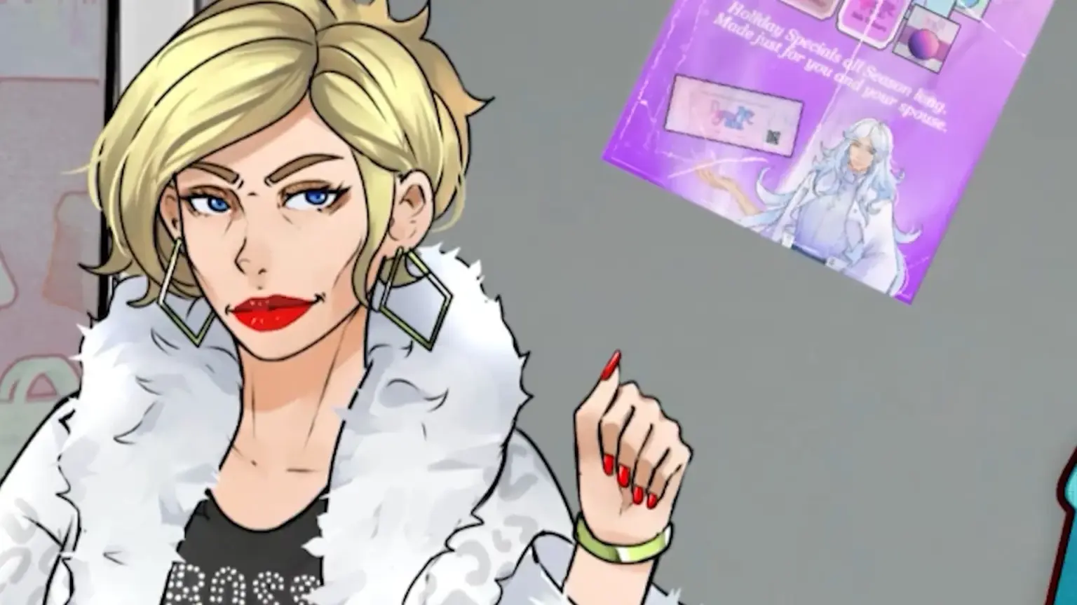 A stylized illustration of a confident blonde woman with short, swept hair and bold red lipstick. She wears large geometric earrings, a white fur-trimmed coat, and red-painted nails, holding one hand up with a poised, unimpressed expression. In the background, a purple holiday-themed poster featuring an illustrated character and product card is pinned to a gray wall. Character depicted is Karen.