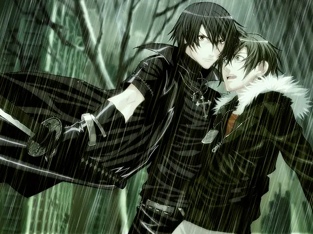 Rain-soaked scene from Togainu no Chi showing Shiki holding Akira close in a forest. Shiki’s long black coat flares dramatically as he grips his sword and stares ahead with a cold, protective glare. Akira leans against him, visibly shaken but drawn to his presence. The atmosphere is tense, intimate, and heavy with unspoken emotion.