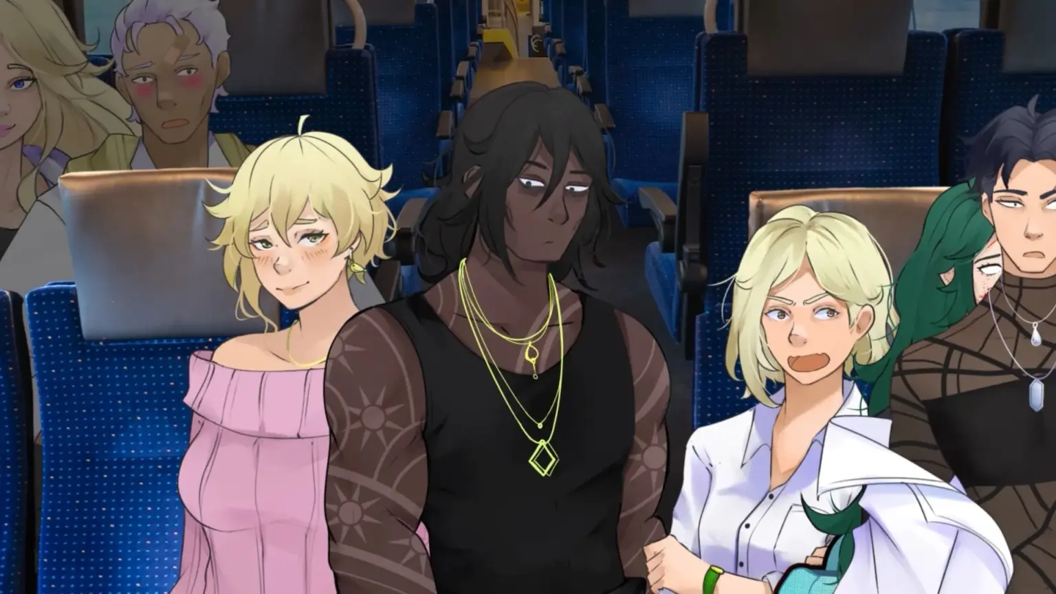 An illustrated scene inside a mostly empty train car with blue seats. In the foreground, several characters sit closely together. A tall, dark-skinned character with long dark hair, a sleeveless black shirt, and layered gold necklaces looks forward with a tired, distant expression. To their left, a short blonde character in a pink off-the-shoulder top smiles softly with a shy, blushing face. To their right, a blonde character in a white button-up shirt speaks with an animated, open-mouthed expression while holding onto the seated person beside them. Other characters are visible in the background rows, watching or reacting quietly, giving the scene a tense but intimate group dynamic during a shared train ride. Characters depicted are Patty, Clyde, Scarlett, Nate and Wagner.
