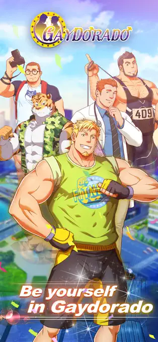 Gaydorado mobile game banner showing muscular male characters in colorful outfits, celebrating male x male romance with the slogan “Be yourself in Gaydorado” and a bright, confident bara-style art design.