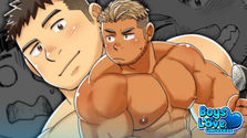 Two muscular men from the bara manga My Only Friend’s a Smokin’ Snack—one light-skinned with dark hair smiling gently, the other tan with blond spiky hair looking nervous pose in front of manga-style background panels. The "Boys Love Universe" logo appears in the corner.
