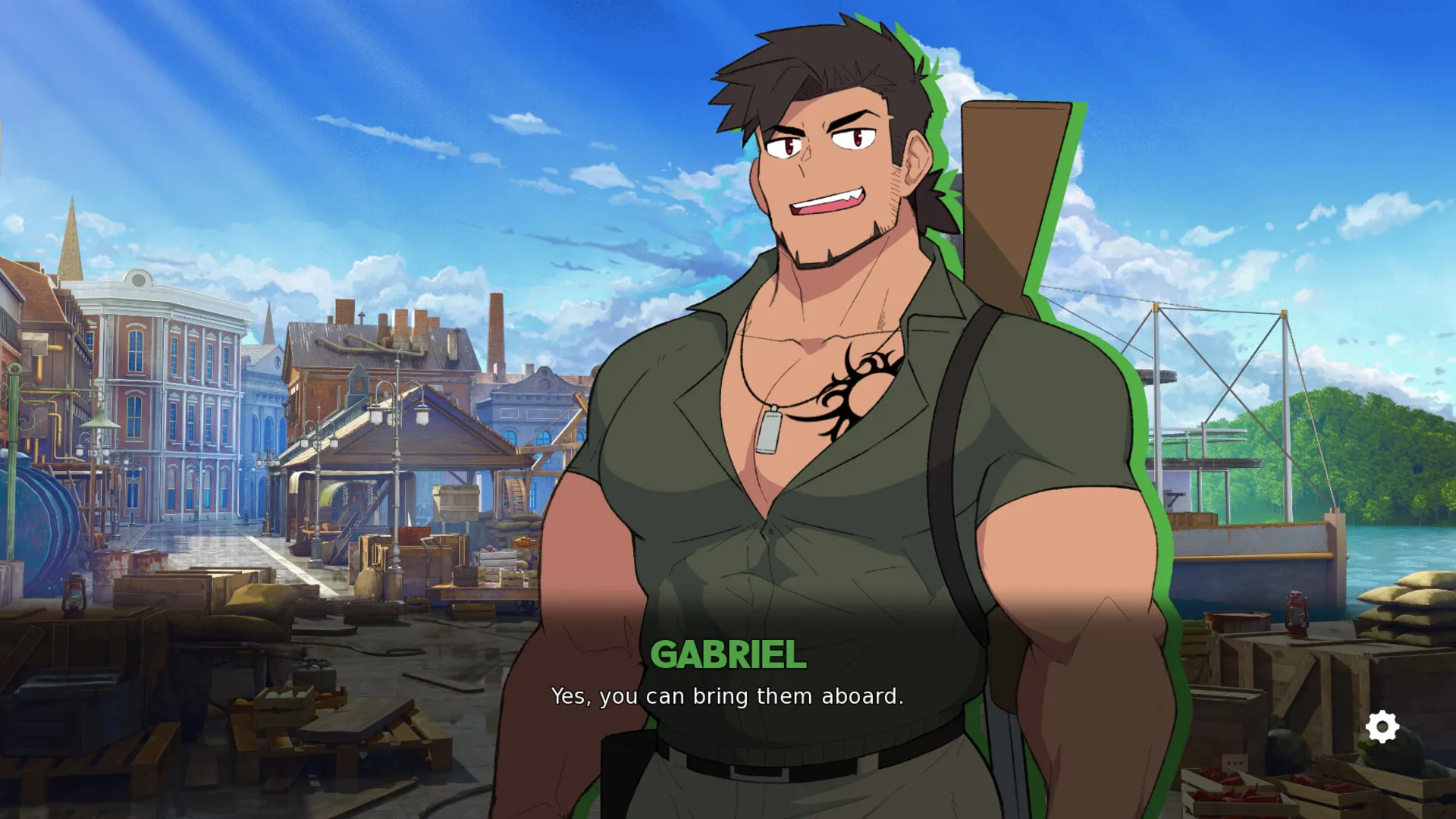 Visual novel scene of a muscular dark-haired man labeled “Gabriel” standing confidently at a riverside dock, with buildings, a bridge, and a steamship in the background under a bright blue sky. Dialogue text appears at the bottom of the screen.