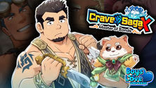 A muscular man with spiky black hair, a tattooed arm, and a determined expression holds a sword while standing beside a cute, chubby animal companion dressed in fantasy clothing. Behind them, the game title "Crave Saga X: Master of Bonds" and the "Boys Love Universe" logo are displayed over a background of other male characters.