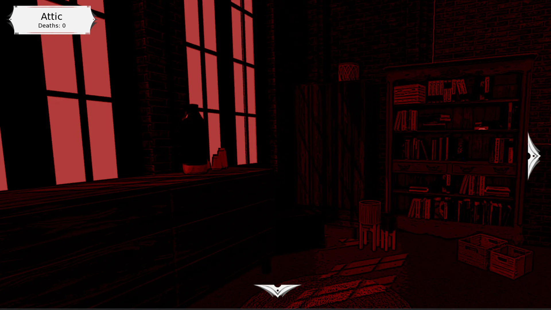 Exploration view from Summoning Ritual showing a dimly lit room with red light streaming through the window and shadowy shapes in the corner.