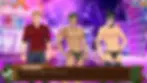 In-game screenshot from Camp Buddy: Scoutmaster Season: Side Stories showing three stylized male characters standing in a neon-lit club setting, wearing themed outfits while a dialogue box displays Yoshinori’s line.