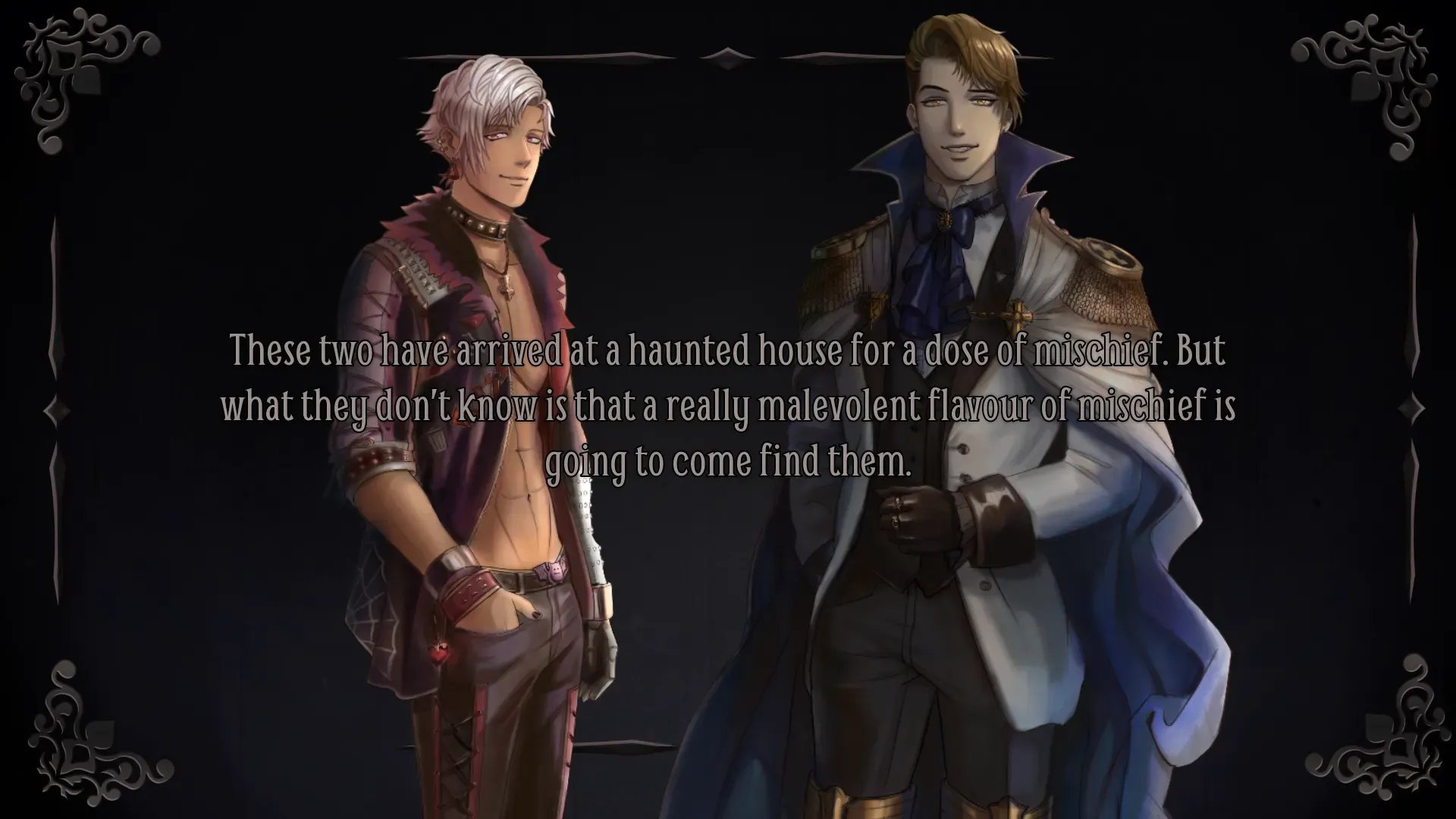 Promotional image for DUFE: Masquerade showing Ace and Keldran standing side by side in stylish clothing, with overlay text hinting at a haunted house story filled with tension and danger.