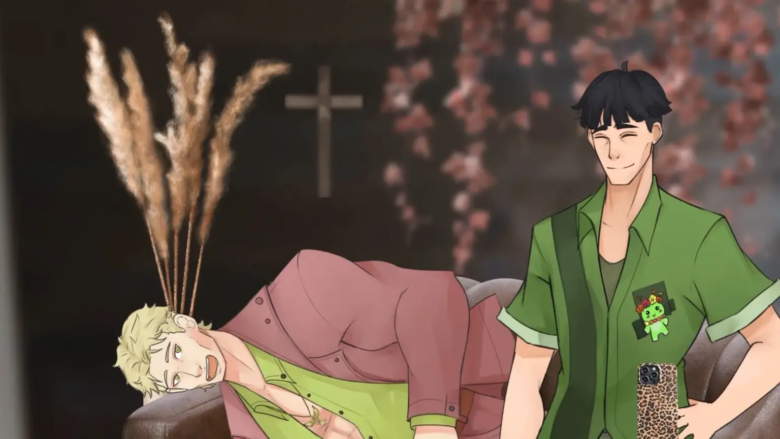 An animated scene shows one man in a pink jacket slumped sideways on a couch with a dazed expression, while another man in a green shirt stands beside him smiling calmly. Decorative dried plants rise behind the couch, and a simple cross hangs on the dark wall in the background. Characters depicted are Damien and Alliard.