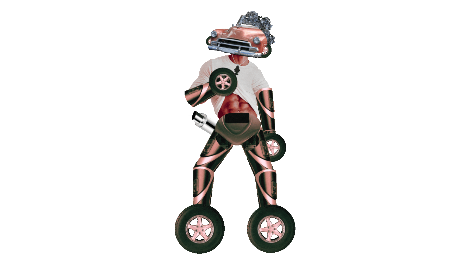 Surreal character artwork from Boardwalk Dad Detox depicting a humanoid figure with a vintage car for a head, muscular torso, and tires for arms and legs. The figure has a syringe attached at the hip and exposed abs under a white shirt, blending mechanical and human features. The design reflects the film’s bizarre adult humor, psychedelic elements, and themes of addiction and absurdity.