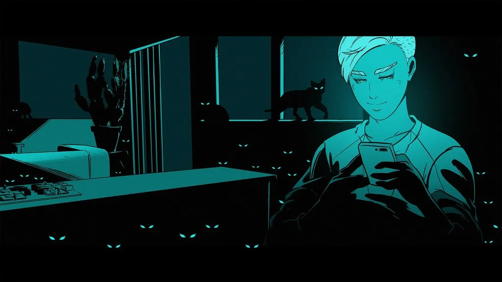 Stylized teal-toned scene from Let’s Meat Adam 2 showing a man looking at his phone in a dark apartment filled with glowing cat eyes.