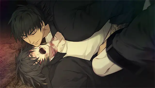 Scene from Slow Damage showing Towa pinned down by Madarame in a dimly lit room. Towa’s expression is one of shock or pain, with bruising visible on his neck, while Madarame holds him in a dominant and possessive position, wearing a calm yet unsettling smile. The image conveys power imbalance and emotional intensity, characteristic of the game’s darker tone.