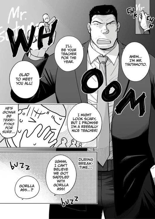 Data Collection with Professor See-Through manga panel with a teacher introducing himself and his burly stature.