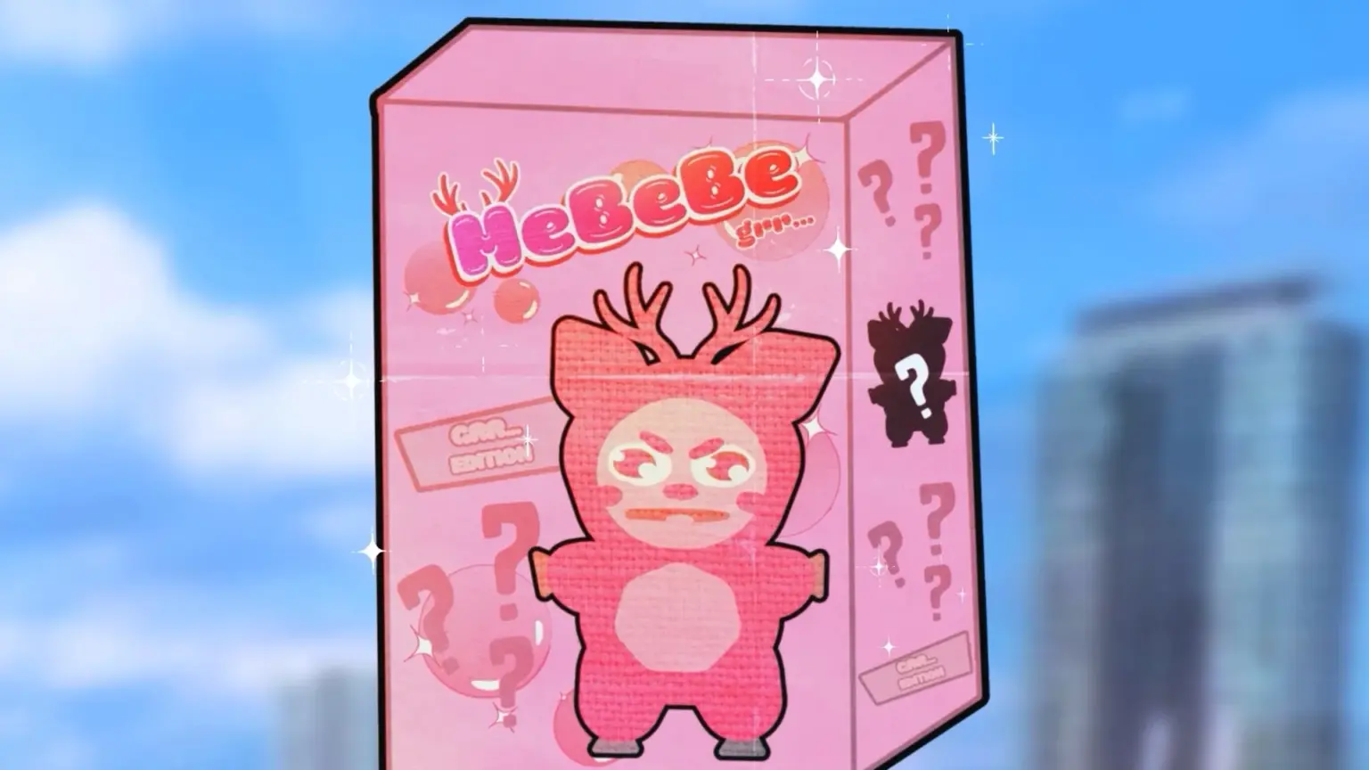 A pink mystery toy box labeled “MeBeBe,” featuring a cartoon reindeer-like character on the front, surrounded by question marks and sparkles, floating against a soft blue city skyline background.