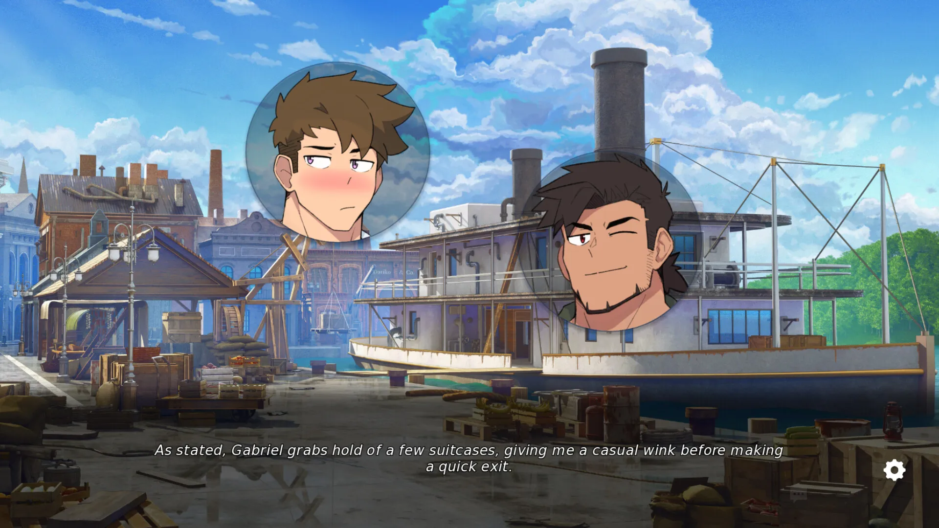 Visual novel scene at a riverside dock showing two floating character portraits over a background of a steamship, wooden buildings, and a bridge under a bright sky. One portrait shows a brown-haired young man with a serious expression, and the other shows a dark-haired man smiling confidently. Dialogue text appears at the bottom of the screen.