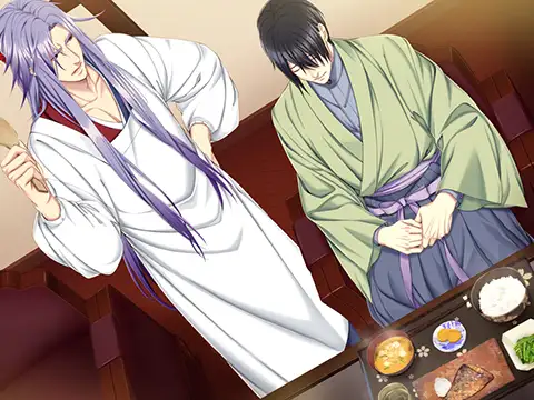 A scene from the visual novel Taishou Mebiusline Reprice Version showing two male characters in traditional Japanese attire. One character with long purple hair, dressed in a white apron, is smiling and holding a cooking utensil, while the other, wearing a green kimono, sits at a table with an array of traditional Japanese food.