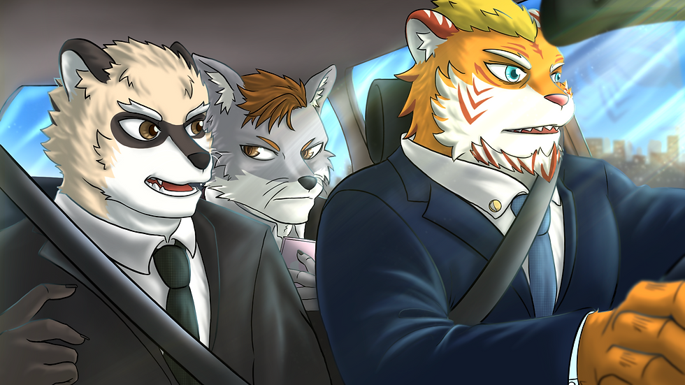 "Bara Furry Game: 'Super-Nova' featuring a trio of anthropomorphic characters dressed sharply in suits, with a wolf, raccoon, and tiger displaying intense expressions as they ride in a car, potentially speeding towards an adventure in Nova City.