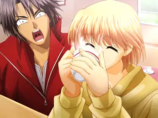 A shocked young man in a red hoodie reacts dramatically as a cheerful blond boy sips from a cup, smiling innocently at a café table.