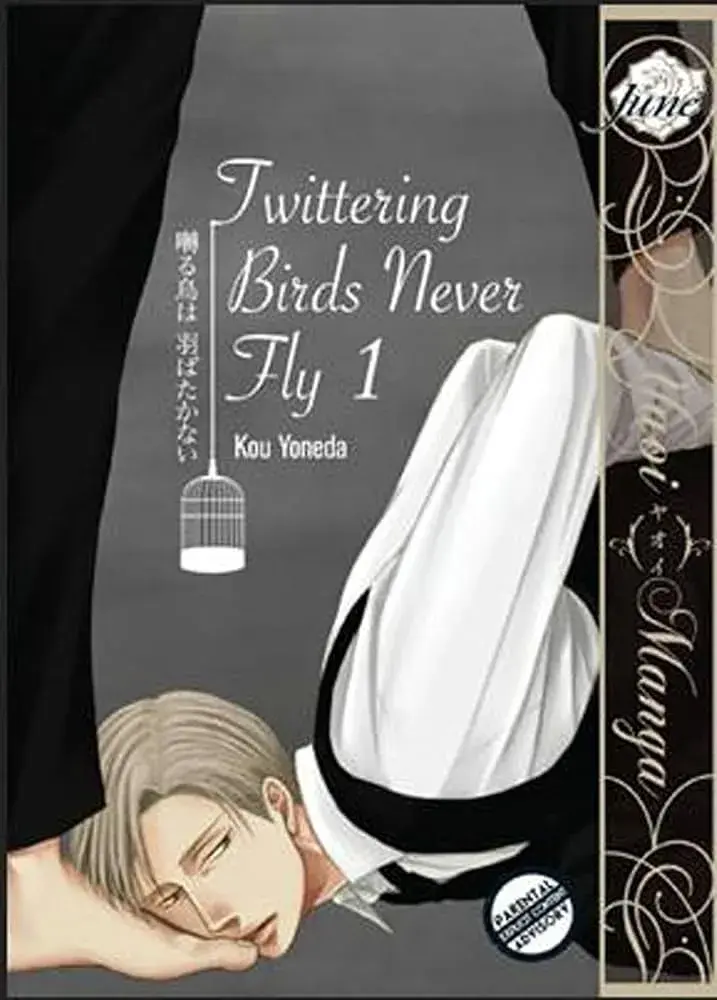 Two people in formal wear, one kneels with a hand on their head. Gray background, white cage icon. Text: "Twittering Birds Never Fly 1."