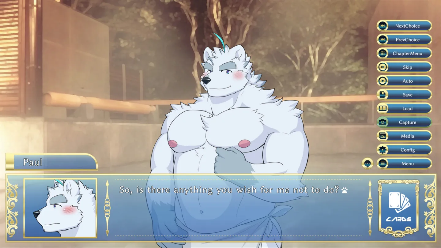 Furry bara visual novel Knights College gameplay screenshot showing a muscular white wolf character standing in an outdoor hot spring, with dialogue and menu options displayed on screen.