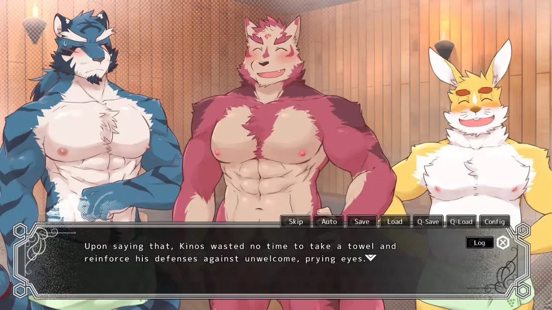 Furry bara visual novel screenshot showing three muscular anthropomorphic characters—a blue wolf, red dog, and yellow rabbit—standing in a sauna with dialogue text displayed below.