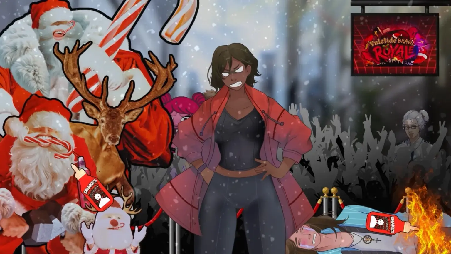 Illustrated Yuletide Brawl Royale scene showing an angry woman standing amid a snow-filled crowd, chaotic Santas, holiday mascots, spilled hot sauce bottles, and a live event screen glowing in the background. Characters depicted are Santas, Kay and Hugh.